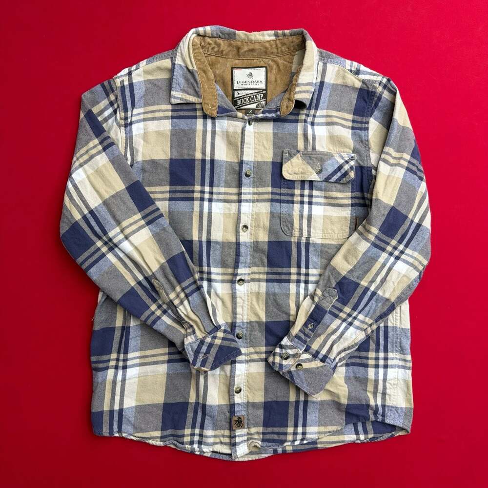 Legendary Whitetails Men's Brown Whire Buck Camp Plannel Shirt Corduroy Trim Pla